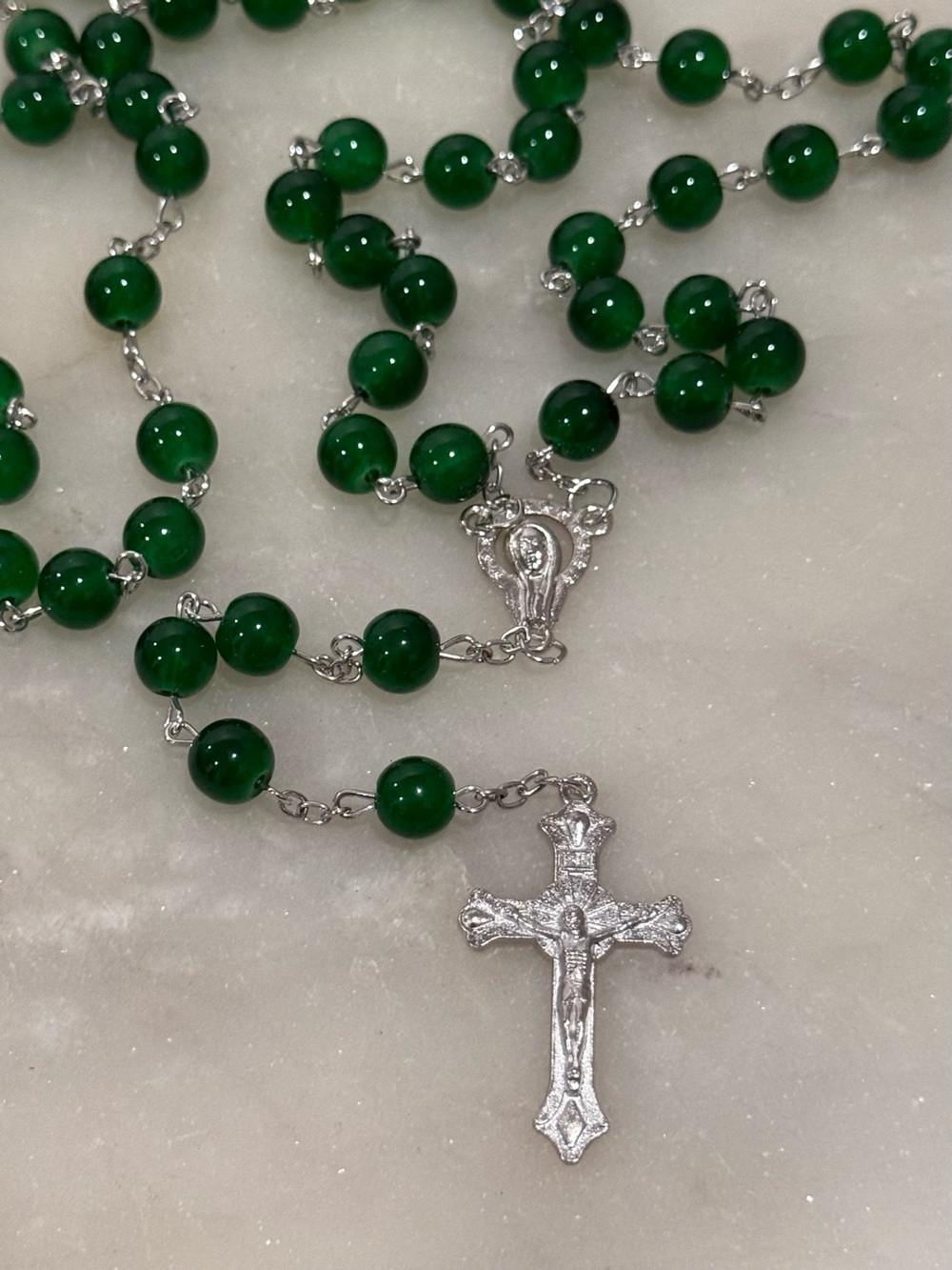 Green Beaded Rosary Necklace with Silver Crucifix